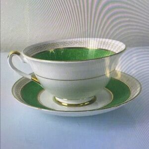 Elegant Green and Gold Teacup and Saucer Set